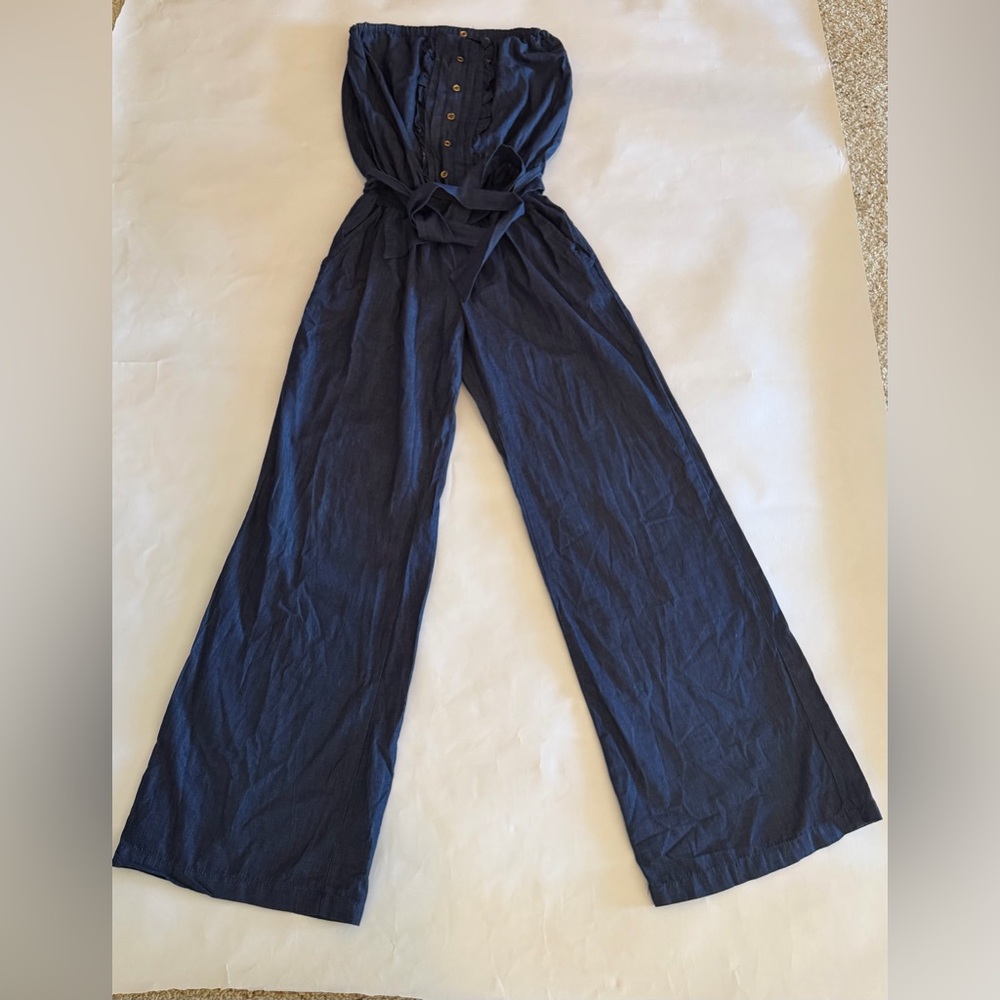 Vintage Dark Blue Strapless Wide Leg Jumpsuit